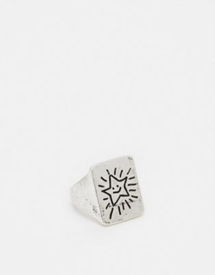 Reclaimed Vintage Unisex Sketchy Star Ring In Burnished Silver