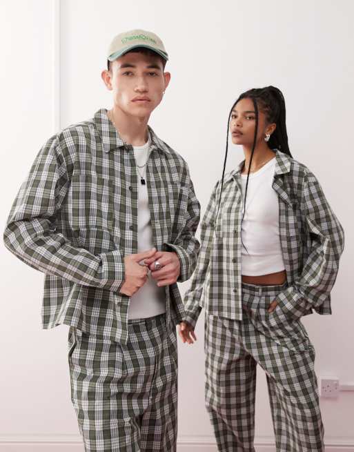 Reclaimed Vintage - Unisex - Skjorte med broderi og grønne tern i firkantet pasform - Del af sæt