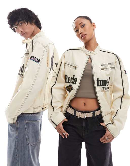 Reclaimed Vintage - Unisex - Skræddersyet motorjakke med logomærker og broderi i offwhite