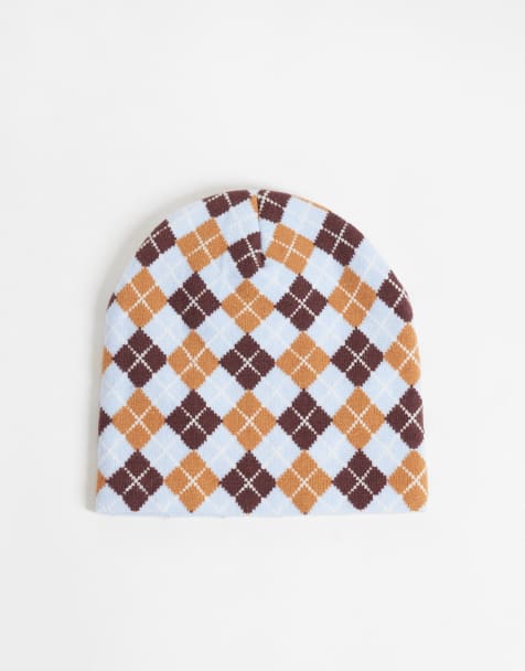 Reclaimed Vintage unisex skull beanie in blue and brown argyle print - view 1