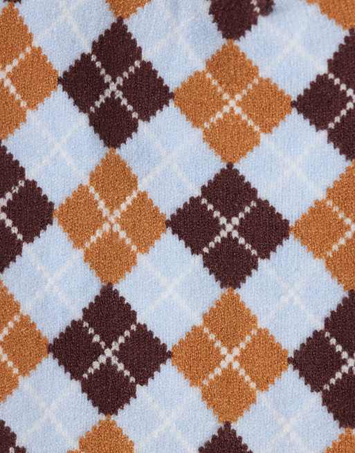 Reclaimed Vintage unisex skull beanie in blue and brown argyle print, 3 of 3