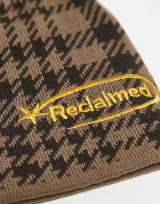 Reclaimed Vintage unisex skull cap beanie with star and branding in brown plaid