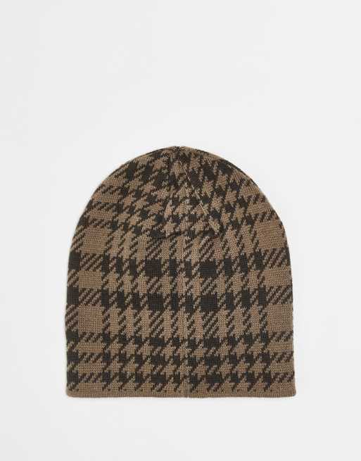 Reclaimed Vintage unisex skull cap beanie with star and branding in brown plaid