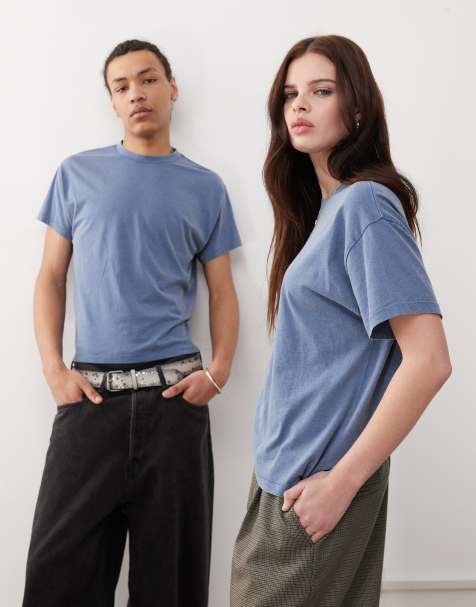 Reclaimed Vintage unisex slim cropped boxy t shirt in washed blue - view 1
