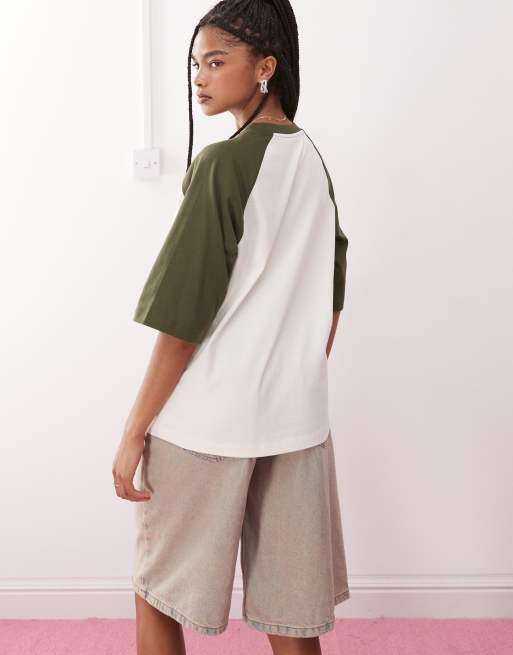 Reclaimed Vintage unisex slim cropped boxy t-shirt with raglan detail in off white
