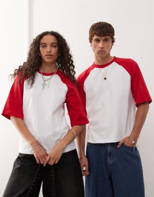 Reclaimed Vintage unisex slim cropped boxy t-shirt with raglan detail in white and red - view 1