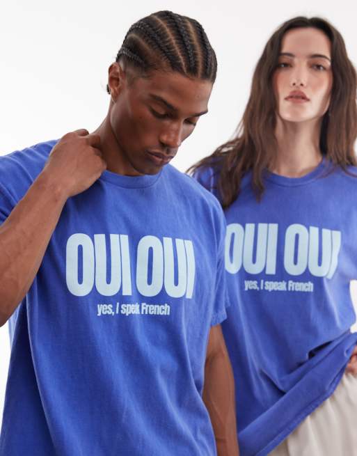 Reclaimed Vintage unisex slogan t-shirt in blue, 3 of 4