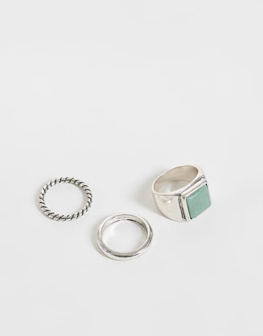 Reclaimed Vintage unisex sølvfarvet 3-pak ringe med grøn sten