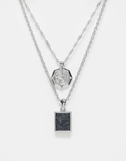 Reclaimed Vintage - Unisex - Sølvfarvet halskæde med 2 kæder og vedhæng