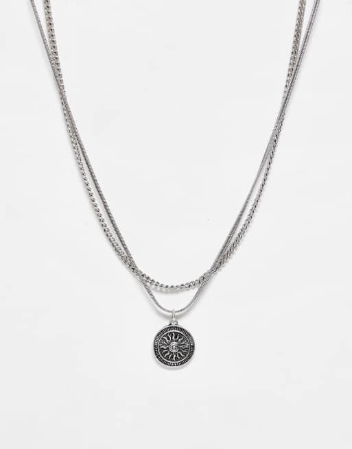 Reclaimed Vintage - Unisex - Sølvfarvet halskæde med 2 lag og vedhæng