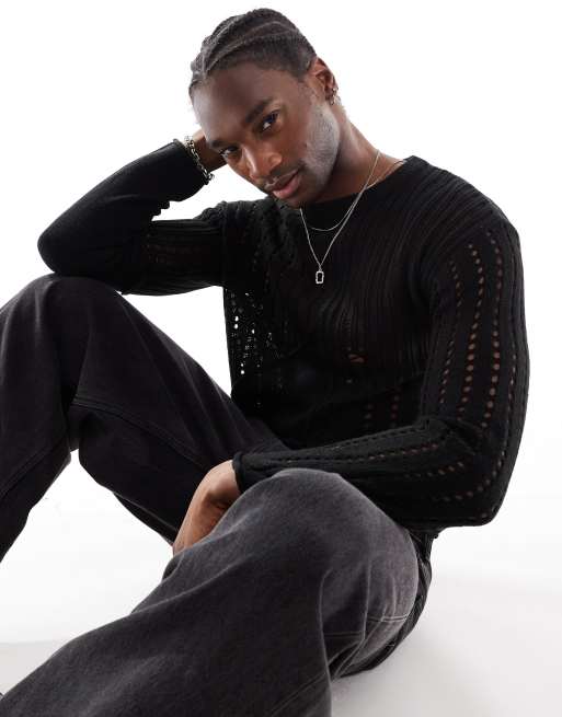 Reclaimed Vintage unisex spliced laddered knit jumper in black, 2 of 4