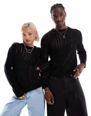 unisex spliced laddered knit sweater in black