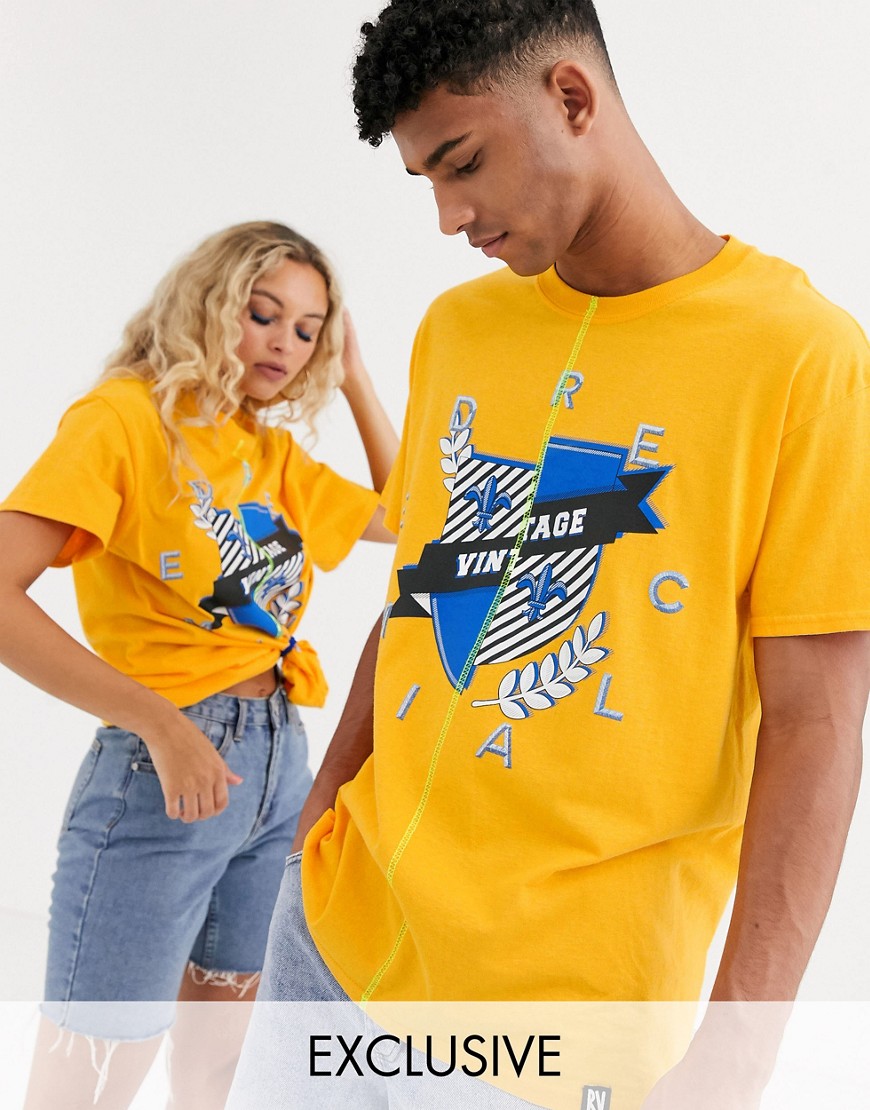 Reclaimed Vintage Unisex spliced t-shirt with logo crest-Yellow
