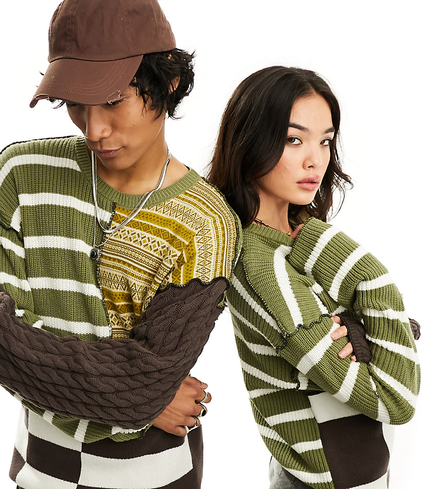 Reclaimed Vintage unisex splied patchwork & stripe knitted jumper-Multi