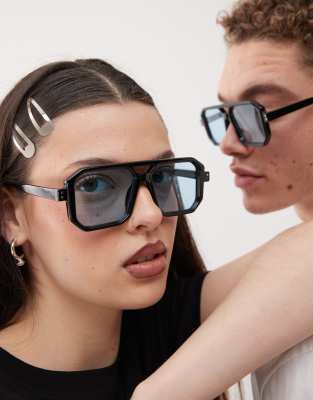 Reclaimed Vintage unisex square edge black aviator sunglasses with blue lens