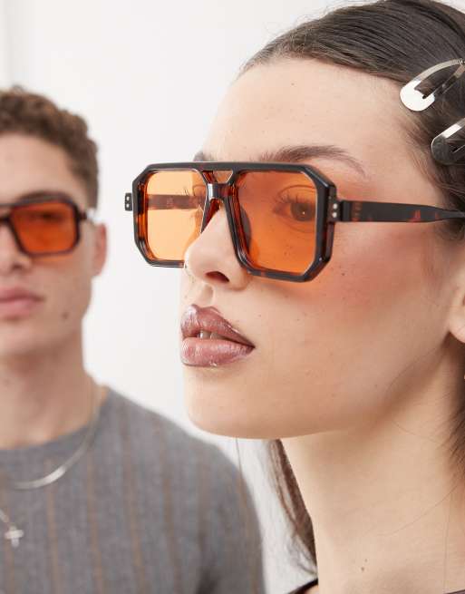 Reclaimed Vintage unisex square edge brown aviator sunglasses with orange lens, 3 of 3