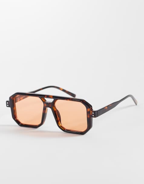 Reclaimed Vintage unisex square edge brown torte aviator sunglasses with orange lens - view 1