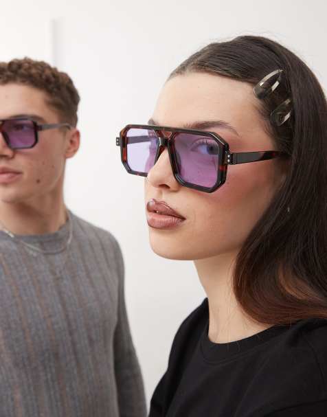 Reclaimed Vintage unisex square edge tortoiseshell aviator sunglasses with purple lens - view 1