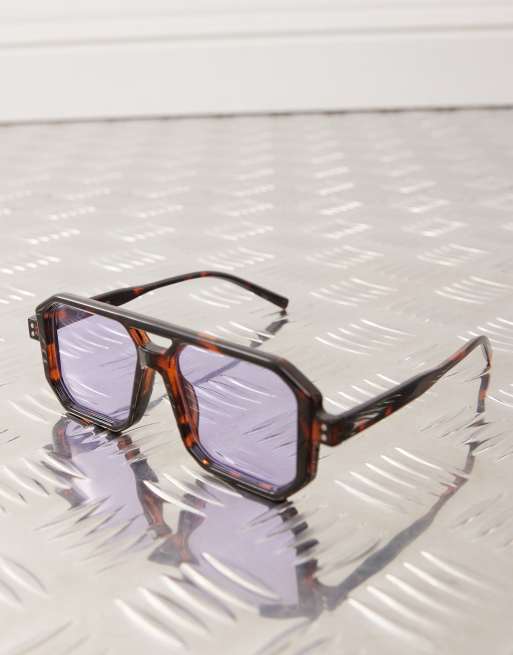 Reclaimed Vintage unisex square edge tortoiseshell aviator sunglasses with purple lense, 3 of 3