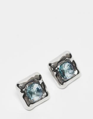 Reclaimed Vintage Reclaimed Vintage unisex square set studs with blue stone in silver