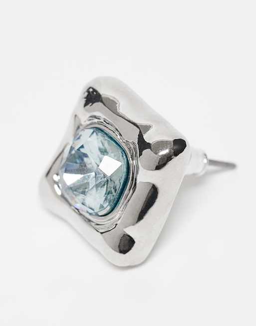 Reclaimed Vintage unisex square set studs with blue stone in silver, 2 of 3