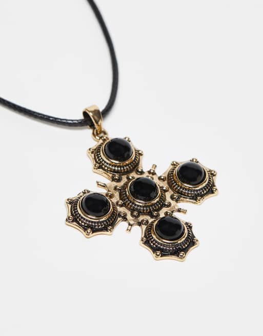 Reclaimed Vintage unisex square stone cross necklace in burnished gold