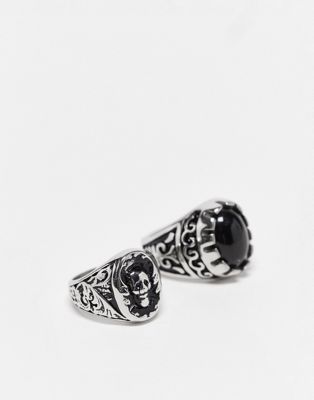 Reclaimed Vintage unisex stainless steel 2 pack rings with skull and stone