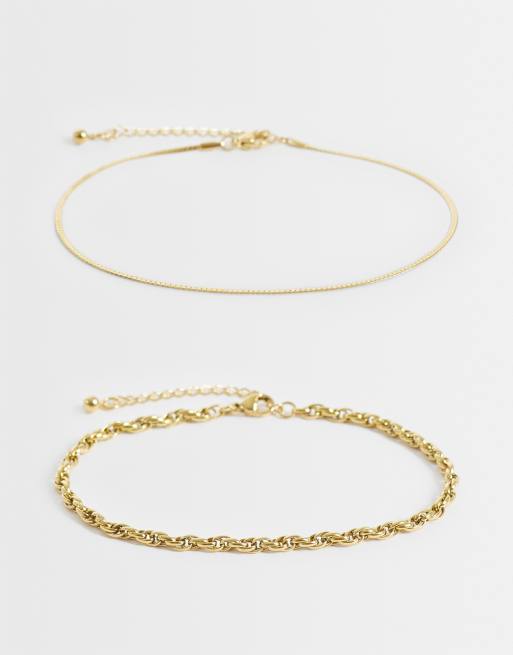 Reclaimed Vintage unisex stainless steel waterproof anklet 2 pack in gold