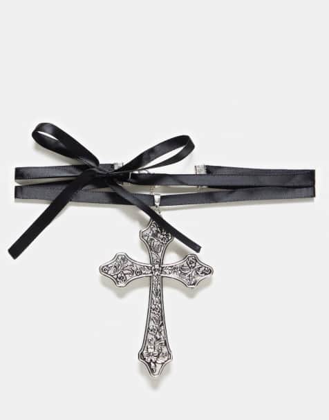 Reclaimed Vintage unisex statement cross pendant on ribbon in black - view 1