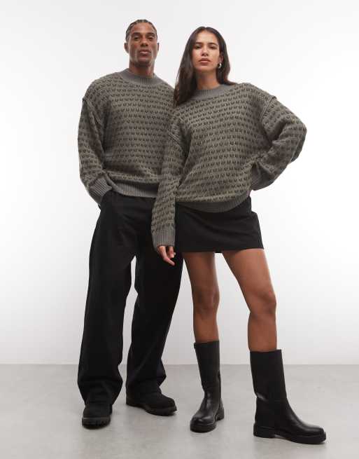 Reclaimed Vintage unisex stitch detail crew knitted sweater in gray, 1 of 4