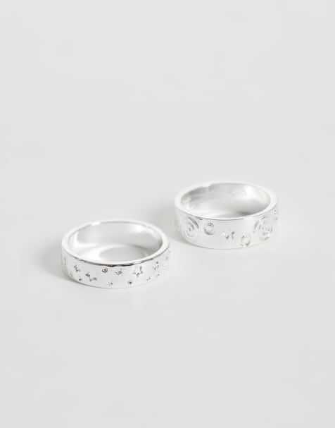 Reclaimed Vintage unisex stjernede hamrede ringe, pakke med 2, i sølv - view 1