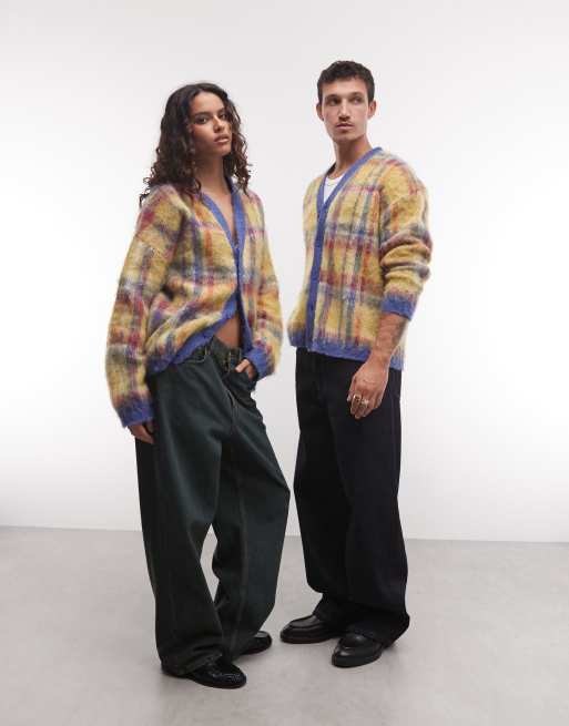 Reclaimed Vintage Unisex-Strickcardigan mit V-Ausschnitt, angeraut, kariert, 3 von 4