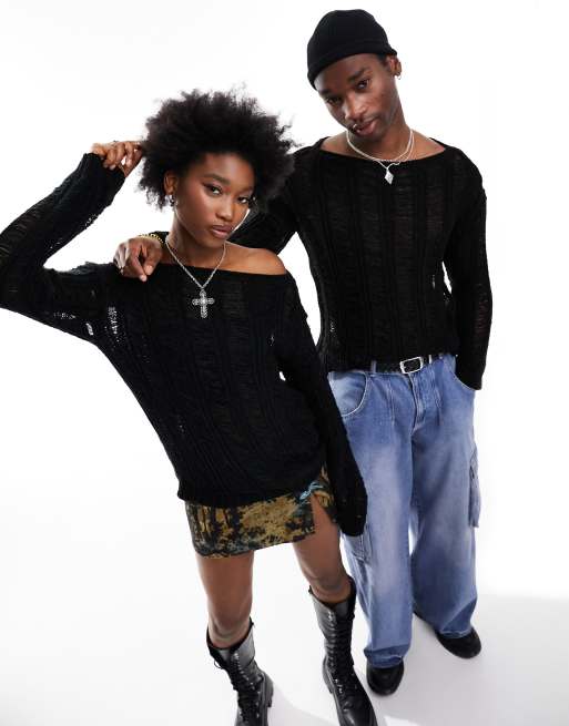 Reclaimed Vintage - Unisex - Strikket trøje med bred halsudskæring i sort