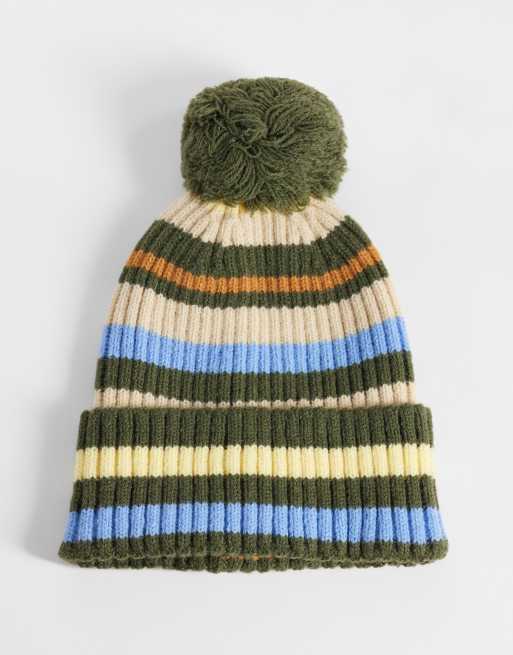 Reclaimed Vintage unisex stripe beanie with pom pom in blue and yellow, 1 of 3