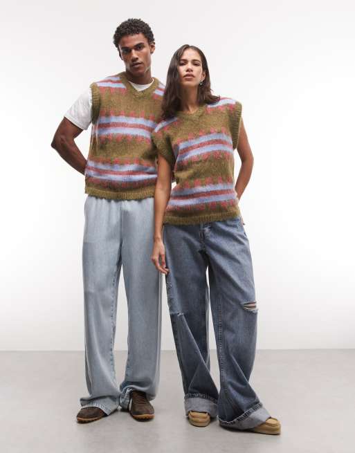 Reclaimed Vintage unisex stripe knitted tank in khaki, 2 of 4
