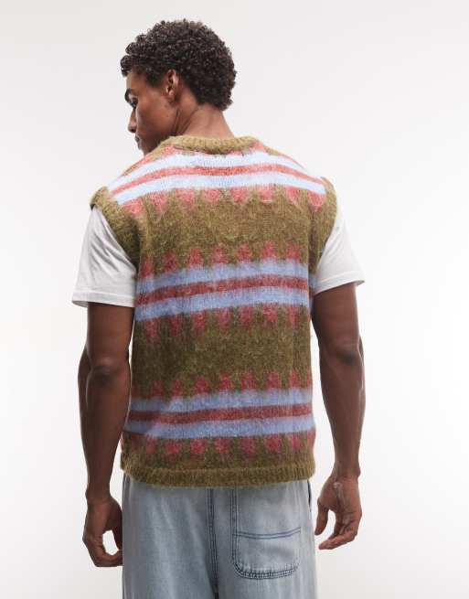 Reclaimed Vintage unisex stripe knitted tank in khaki, 4 of 4