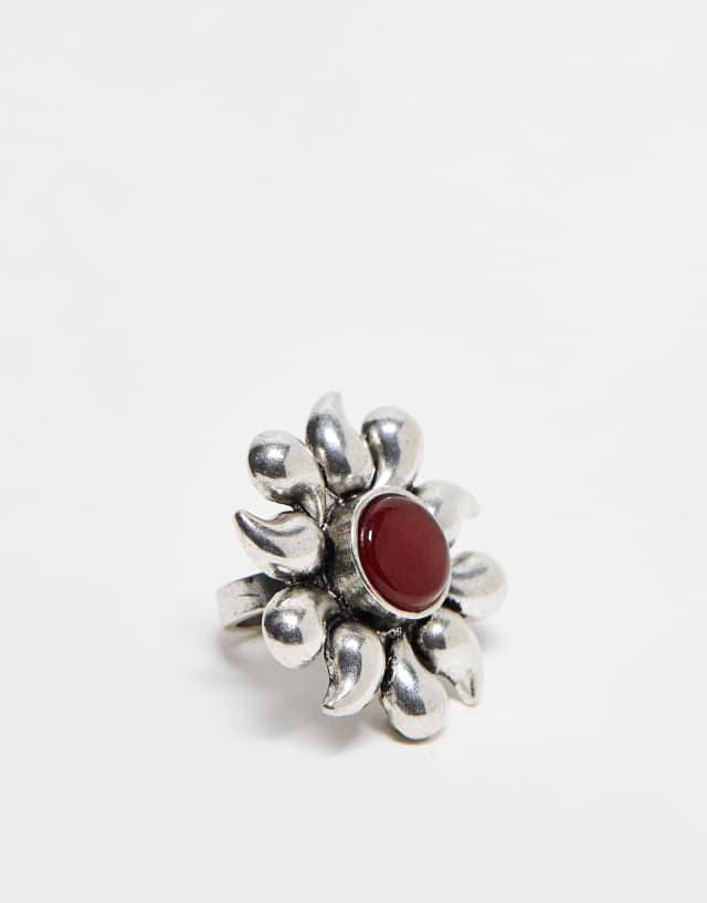 Reclaimed Vintage unisex sun ring with garnet stone in silver