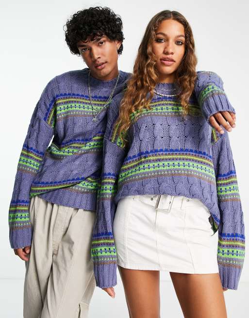 Reclaimed Vintage Unisex – Sweter w skandynawski wzór o mieszanym warkoczowym splocie