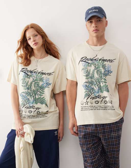 Reclaimed Vintage – Unisex-T-Shirt in Ecru mit Oversize-Schnitt und Pflanzen-Print