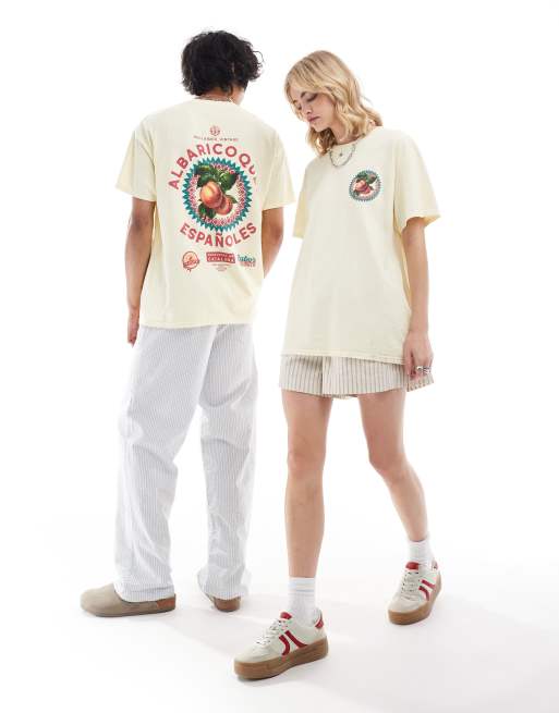 Reclaimed Vintage – Unisex-T-Shirt in Gelb mit Früchte-Rückenprint in Vintage-Optik