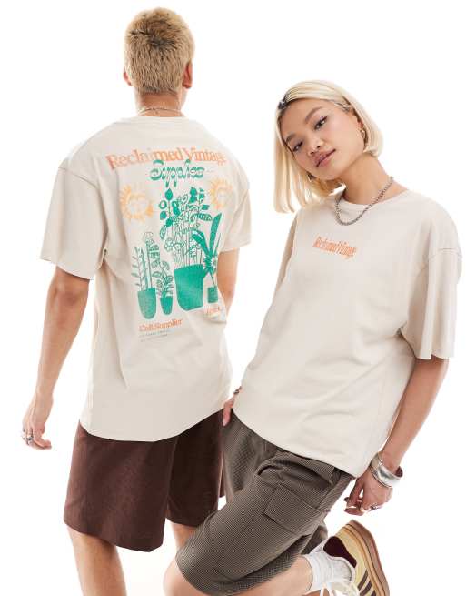 Reclaimed Vintage – Unisex-T-Shirt in Steinbeige mit Pflanzen-Grafikprint auf dem Rücken