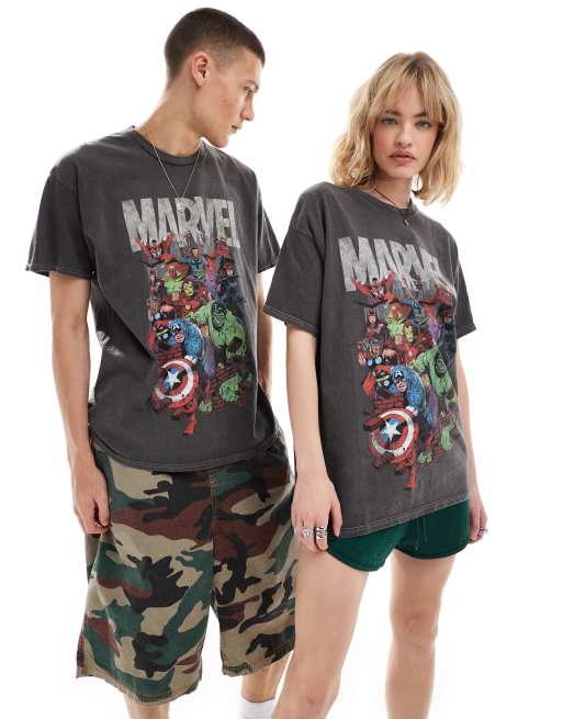 Reclaimed Vintage – Unisex-T-Shirt in verwaschenem Anthrazit mit lizenziertem „Marvel“-Grafikprint