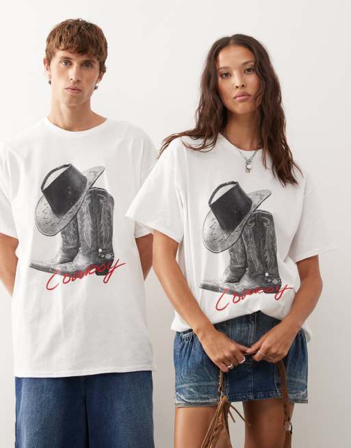 Reclaimed Vintage – Unisex-T-Shirt in Weiß in Oversize-Passform mit Cowboystiefel-Fotoprint