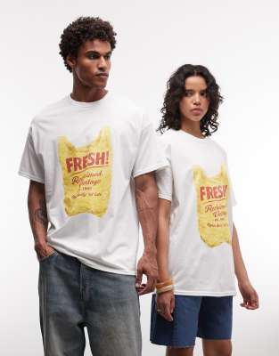 Unisex-T-Shirt in Weiß mit Oversize-Schnitt und „Fresh"- sowie Shopper-Bag-Print Weiß M