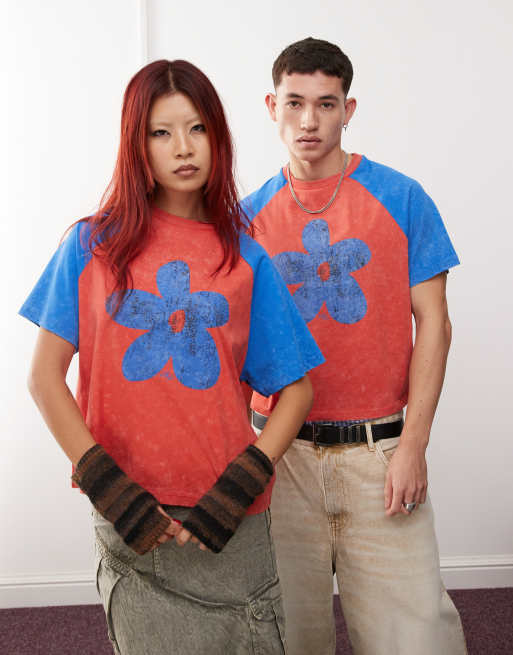 Reclaimed Vintage Unisex – T-shirt o krótkim fasonie i regularnym kroju z reglanowymi rękawami i nadrukiem z kwiatem