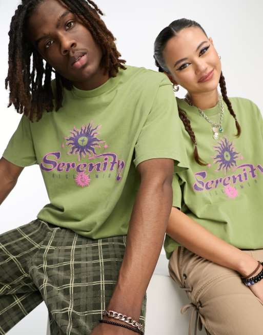 Reclaimed Vintage Unisex – T-shirt w kolorze khaki z nadrukiem i napisem „Serenity”