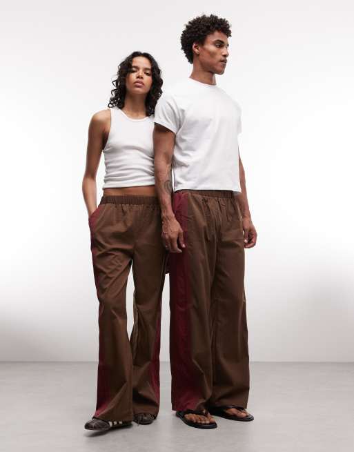 Reclaimed Vintage unisex tailored pull on trousers with side stripe in brown and burgundy