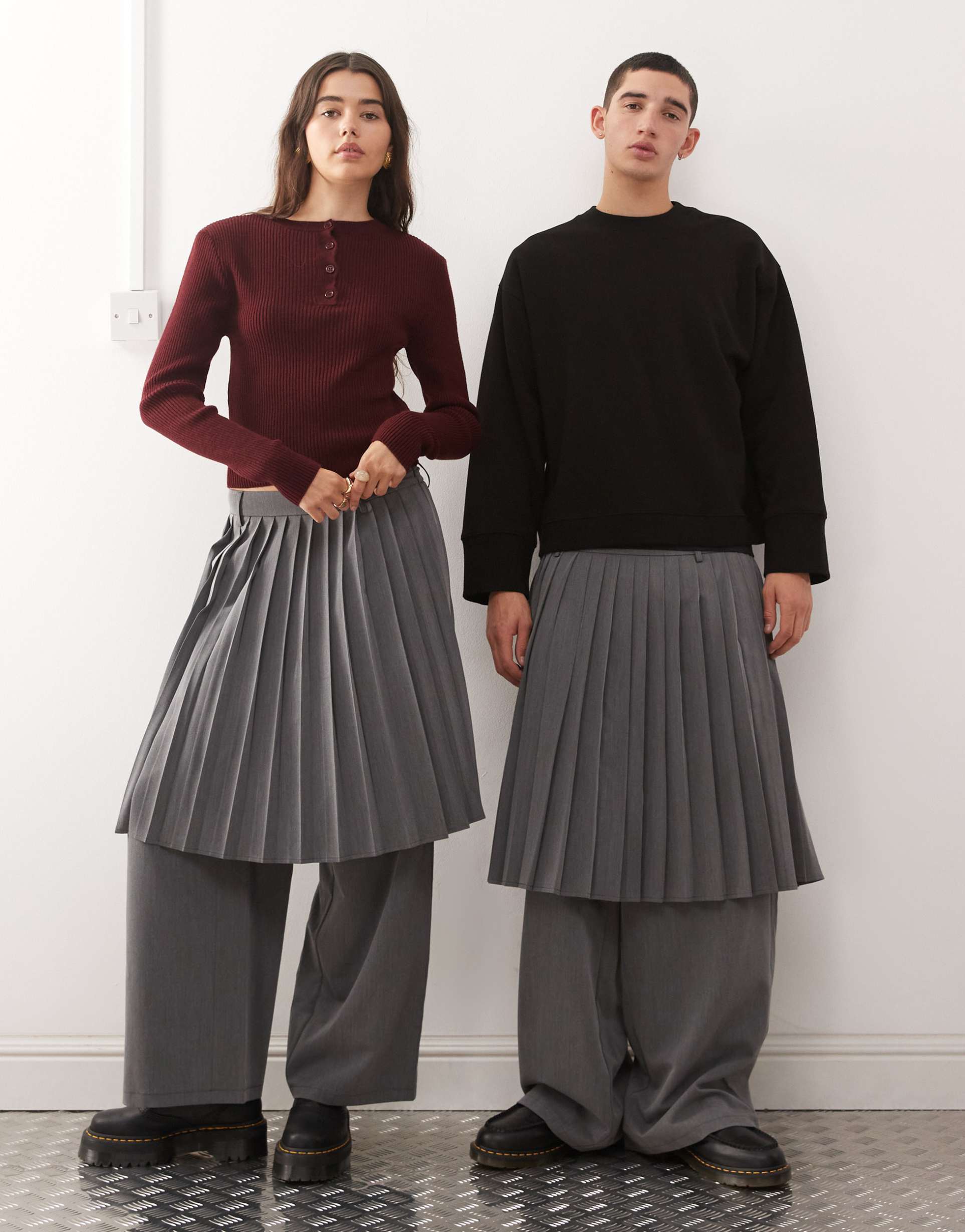 reclaimed vintage unisex tailored skirt pants in gray