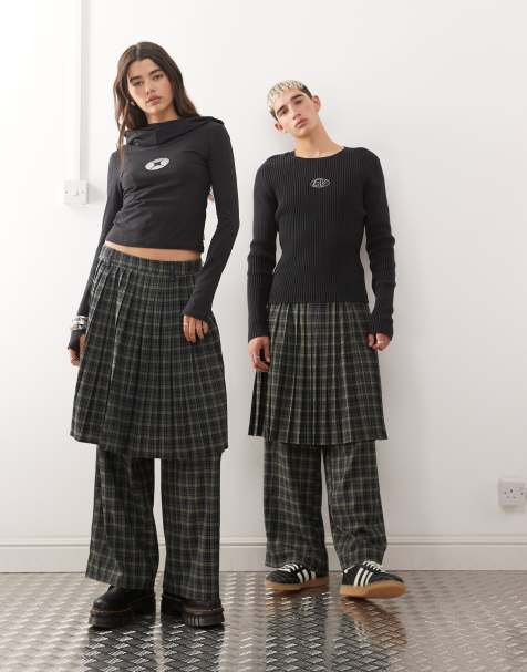Reclaimed Vintage unisex tailored skirt pants in green and blue check  - view 1