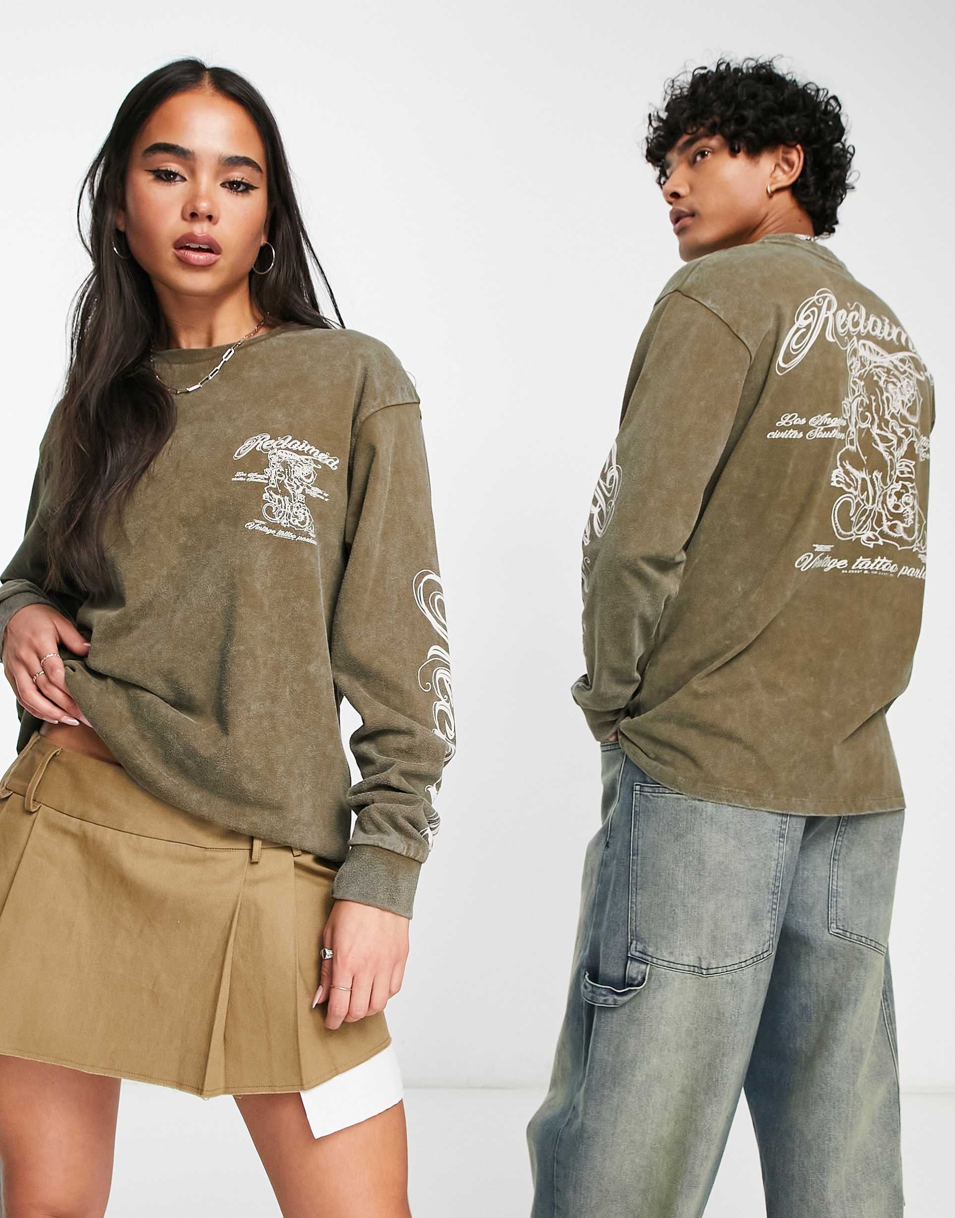 Reclaimed Vintage unisex tattoo skate print long sleeve t-shirt in khaki view 2